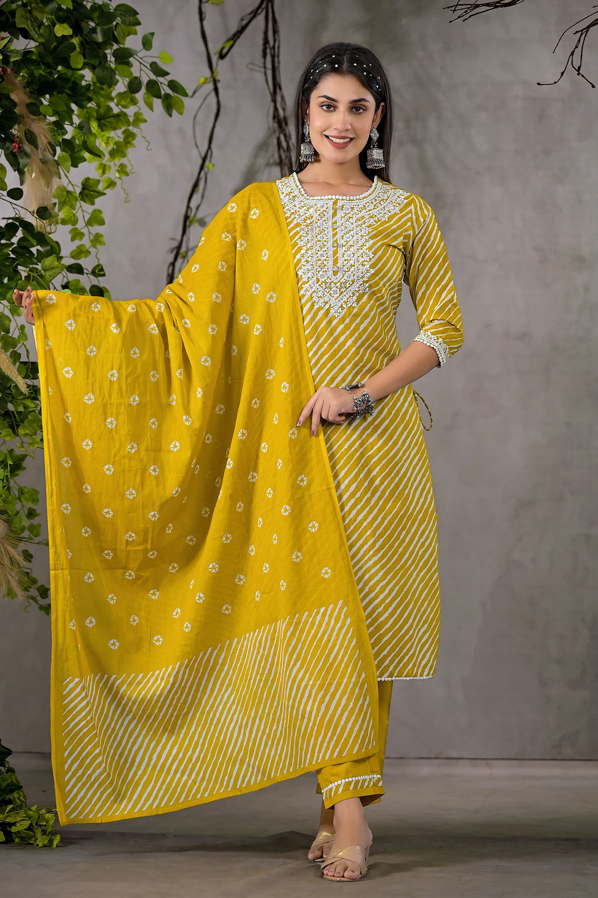 Mustard Cotton Leheriya Printed Kurti Set