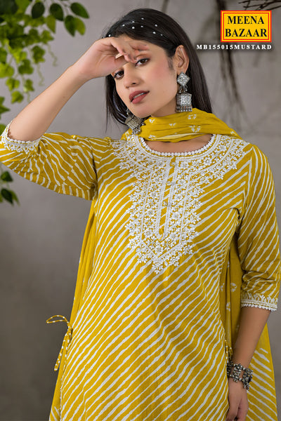 Mustard Cotton Leheriya Printed Kurti Set