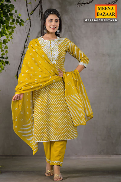 Mustard Cotton Leheriya Printed Kurti Set