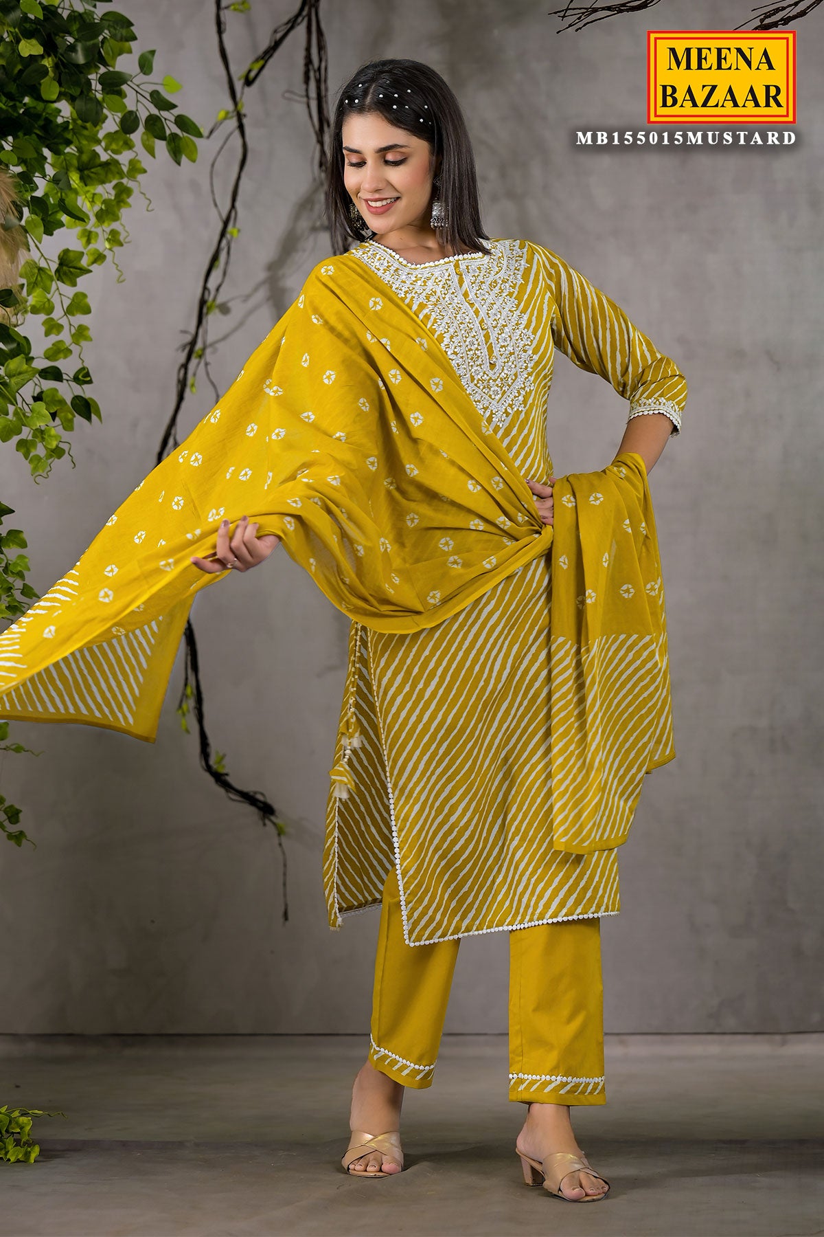 Mustard Cotton Leheriya Printed Kurti Set