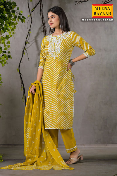 Mustard Cotton Leheriya Printed Kurti Set