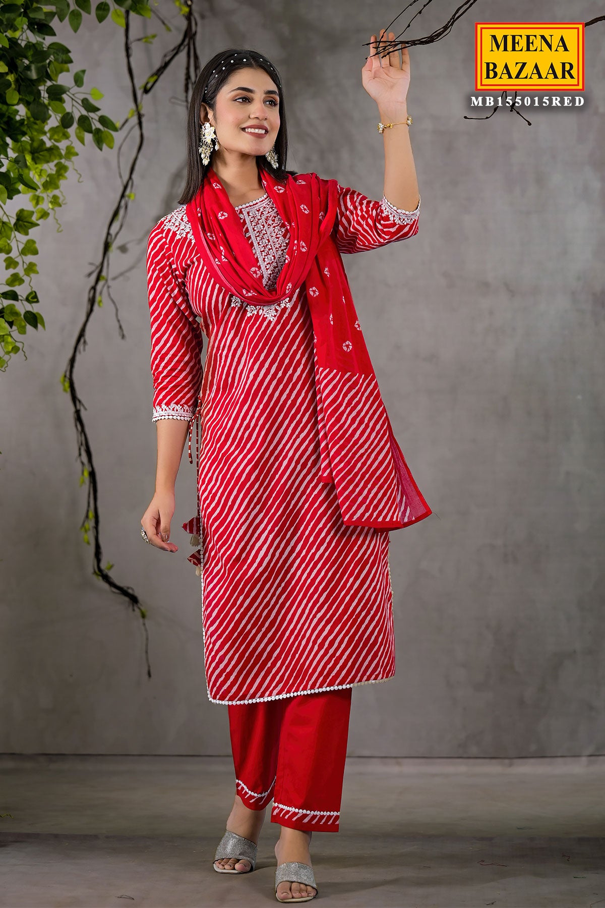 Red Cotton Leheriya Printed Kurti Set