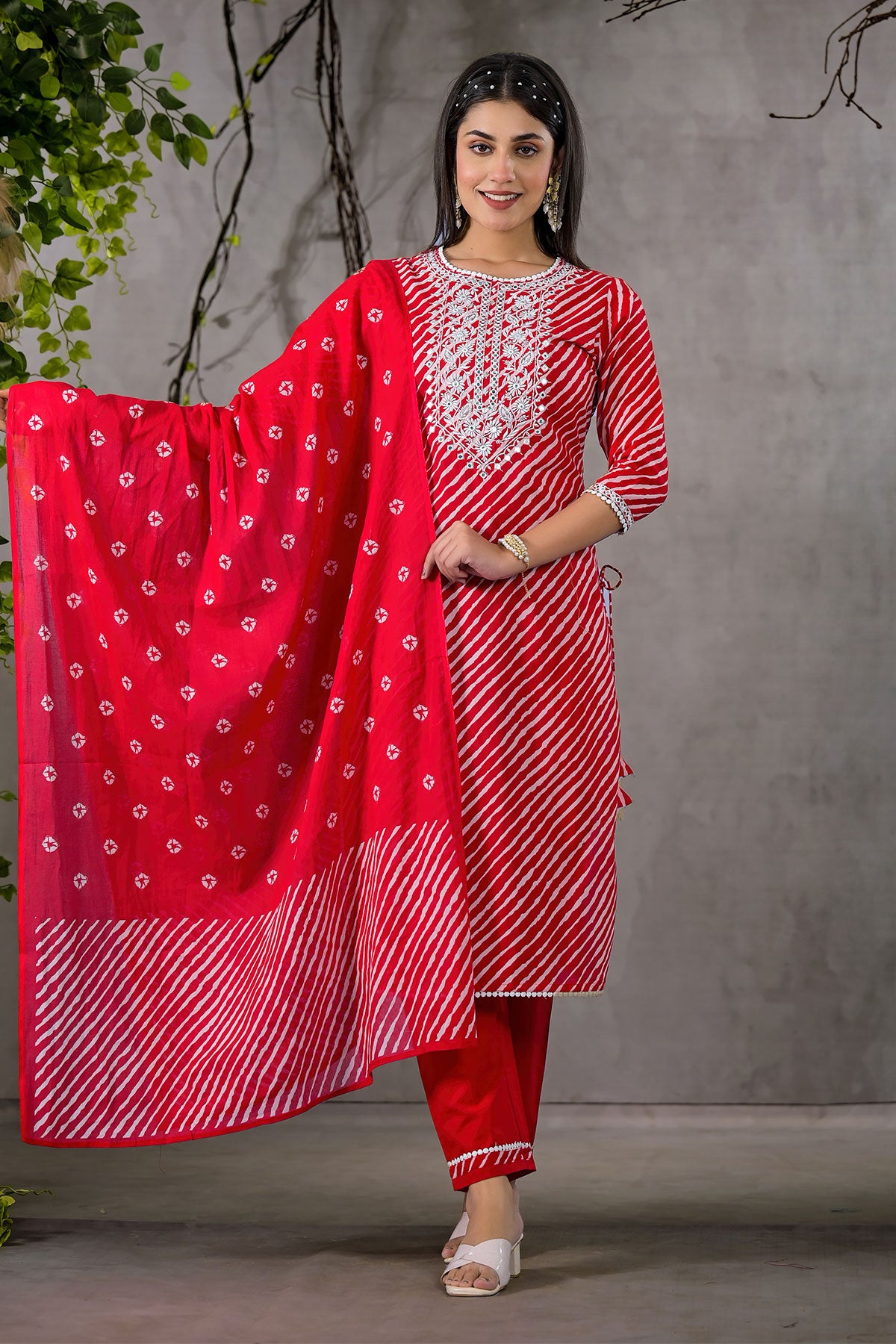 Red Cotton Leheriya Printed Kurti Set