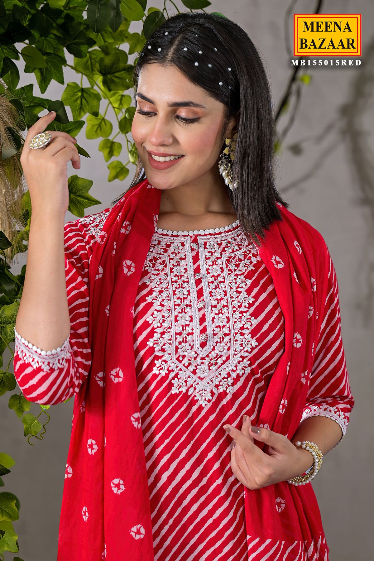 Red Cotton Leheriya Printed Kurti Set