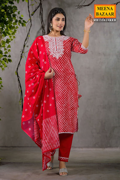 Red Cotton Leheriya Printed Kurti Set