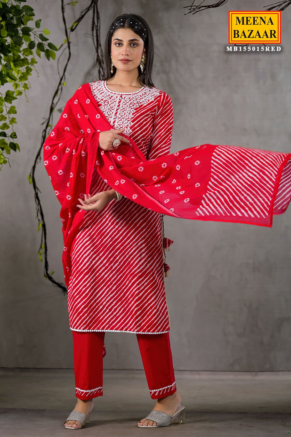 Red Cotton Leheriya Printed Kurti Set