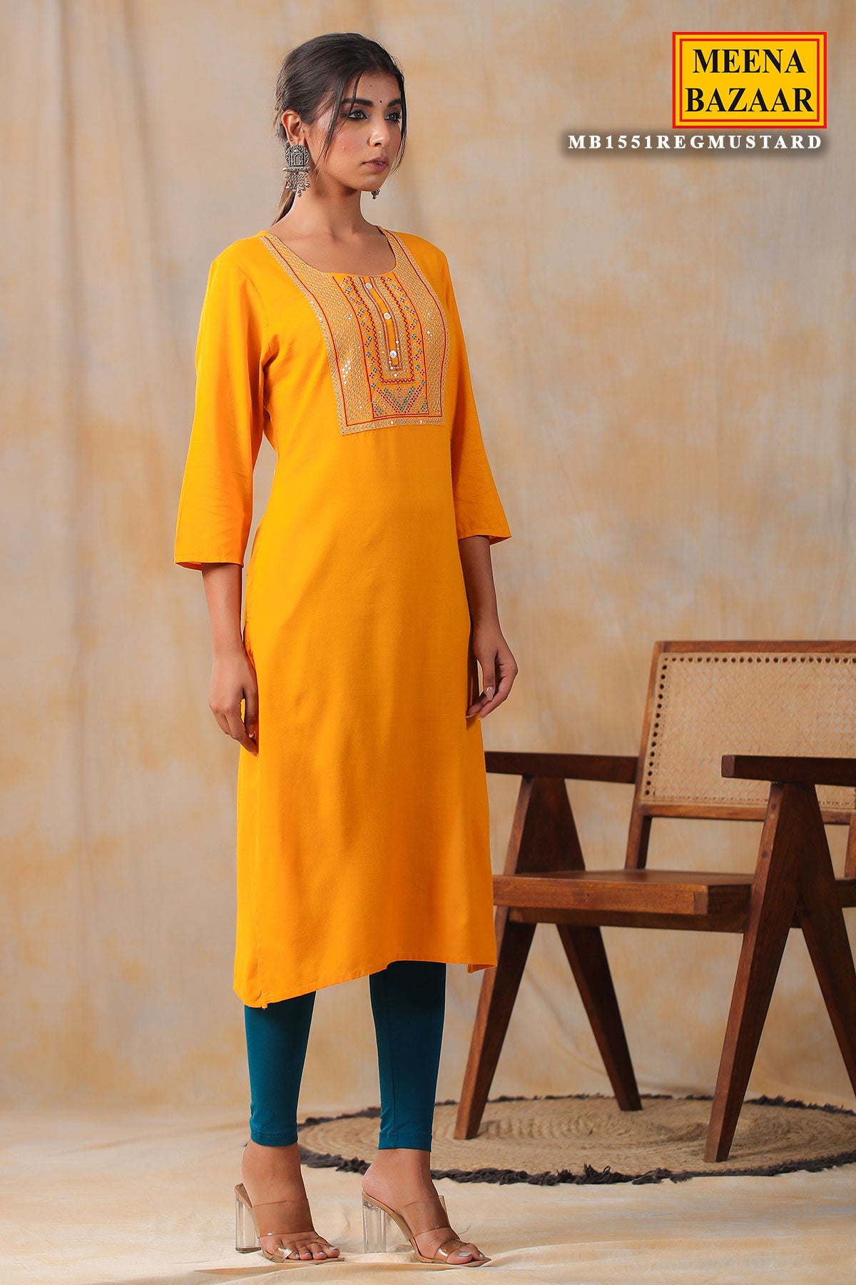 Mustard Rayon Sequins and Thread Embroidered Neck Kurti