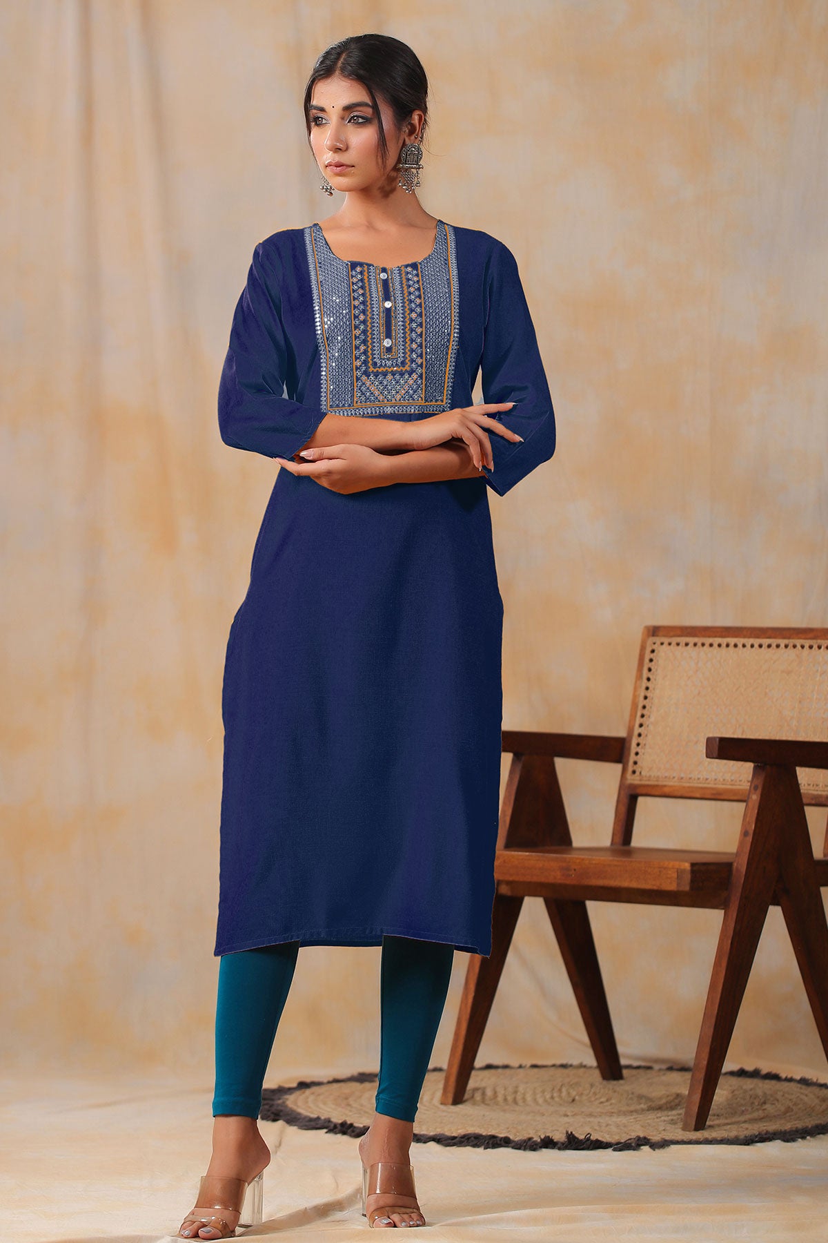 Navy Rayon Sequins and Thread Embroidered Neck Kurti