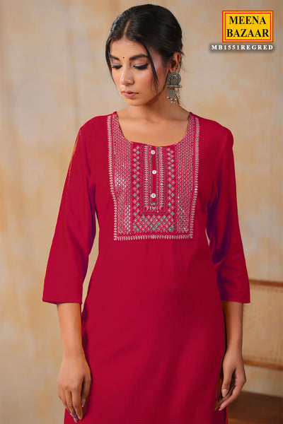 Red Rayon Sequins and Thread Embroidered Neck Kurti