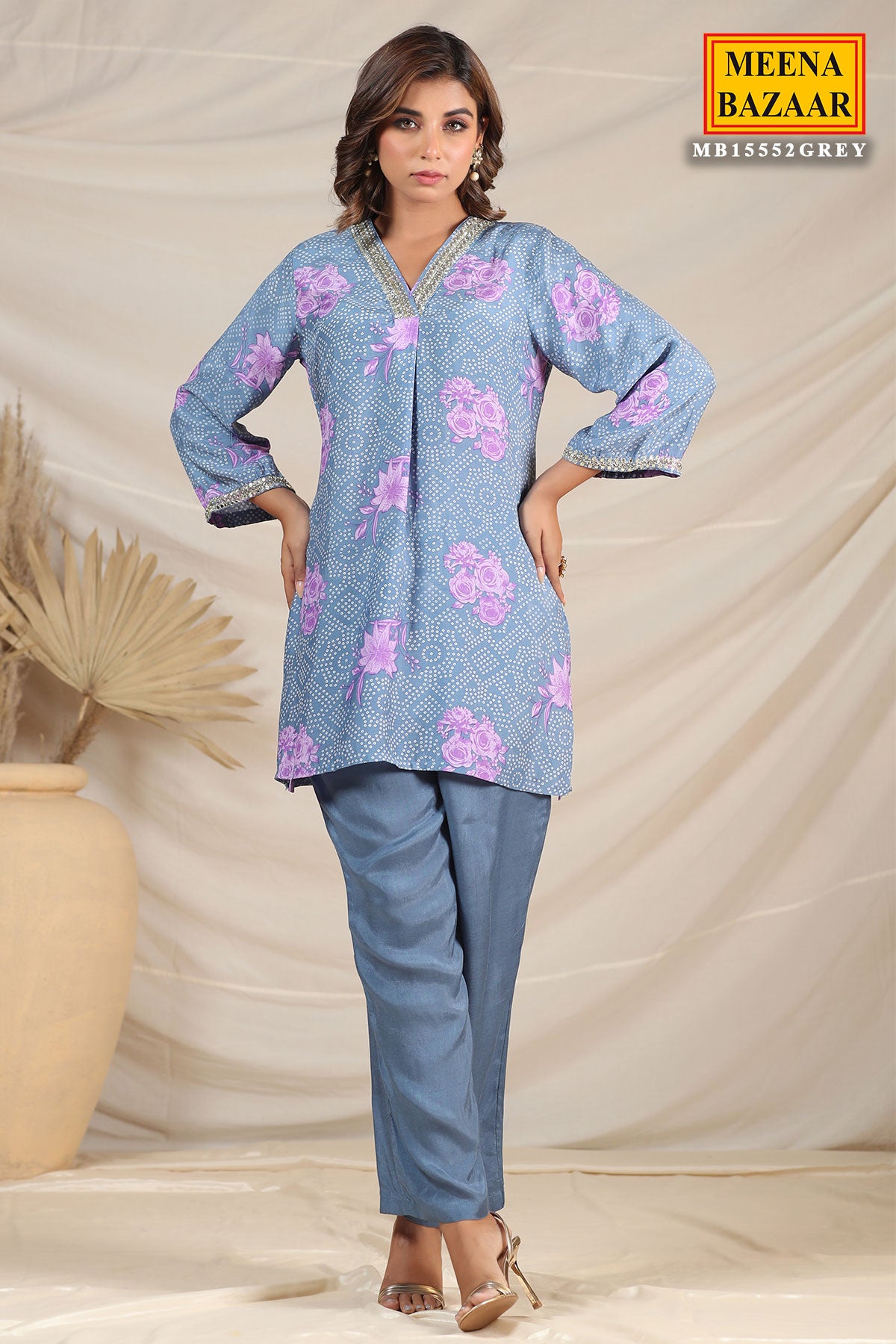 Grey Muslin Printed Kurti Pant Co-ord Set