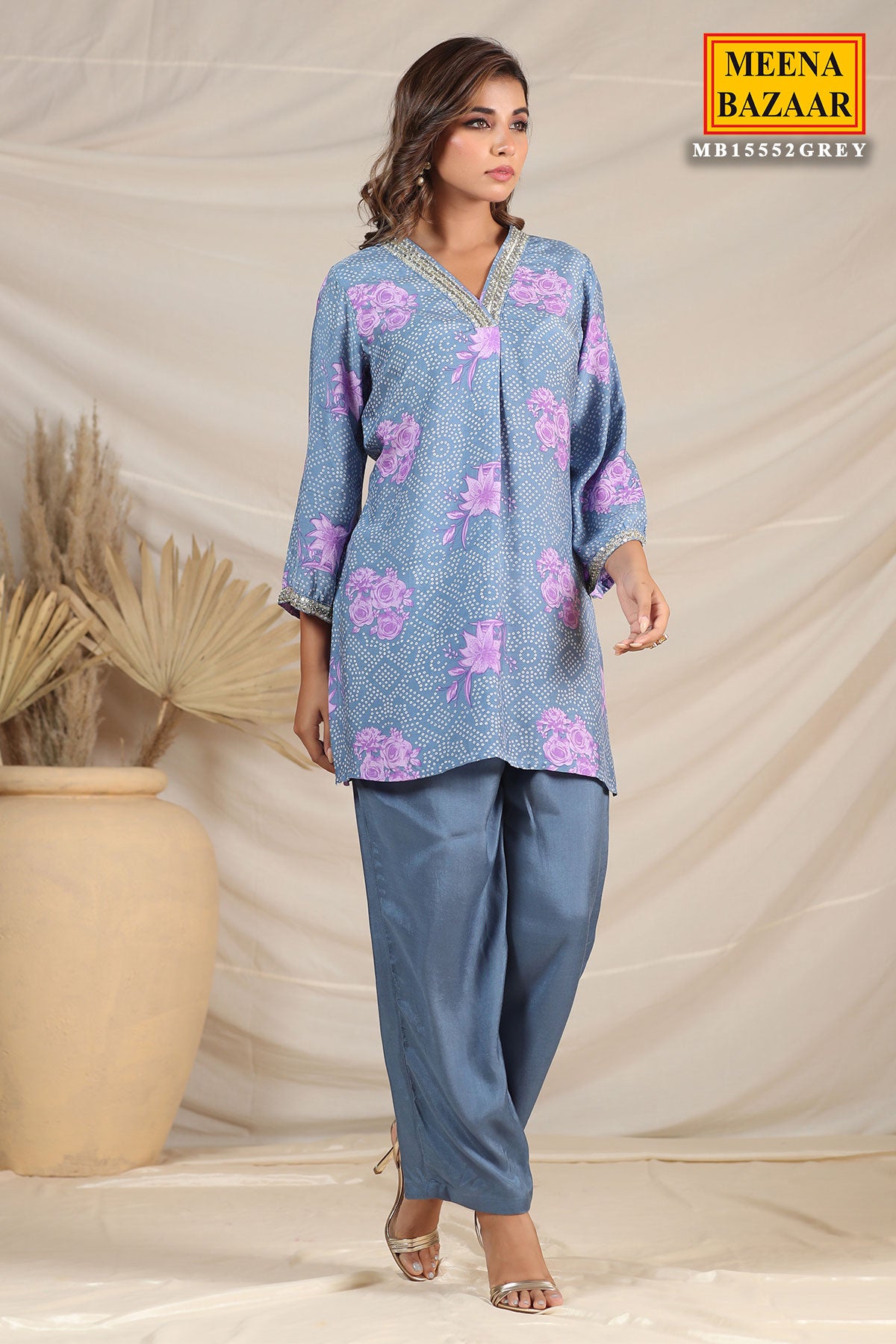 Grey Muslin Printed Kurti Pant Co-ord Set