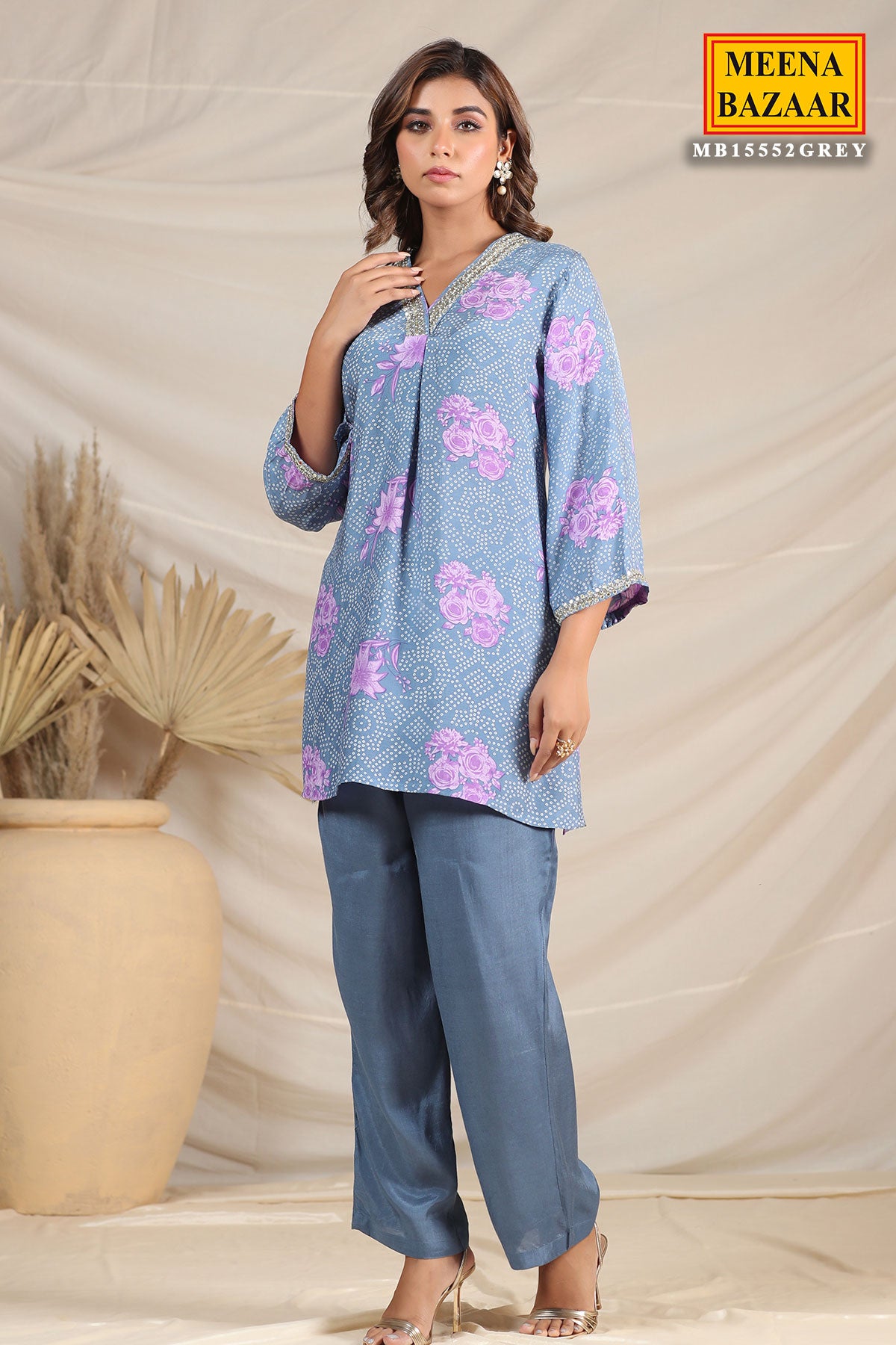 Grey Muslin Printed Kurti Pant Co-ord Set