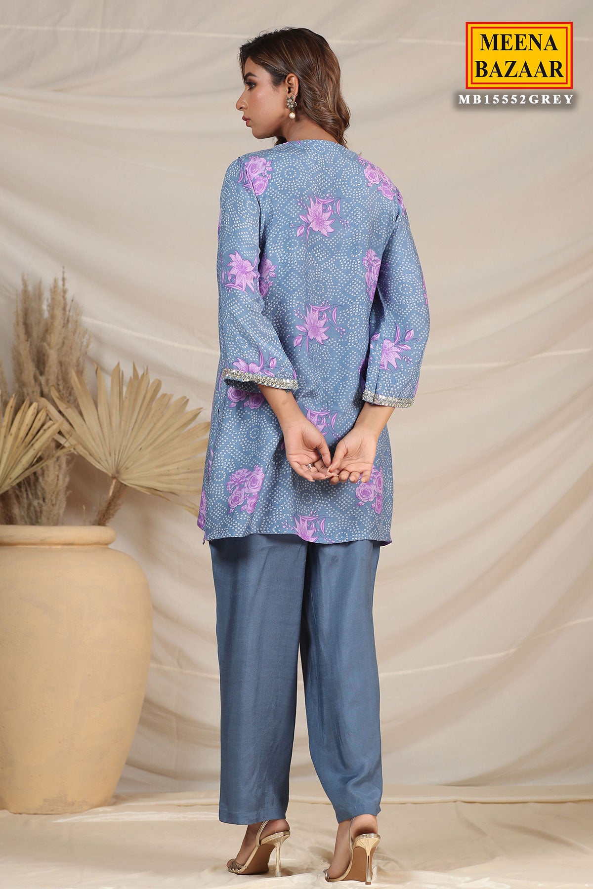 Grey Muslin Printed Kurti Pant Co-ord Set