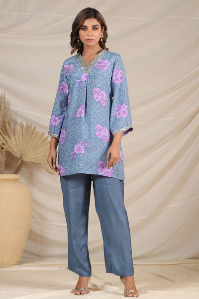 Grey Muslin Printed Kurti Pant Co-ord Set