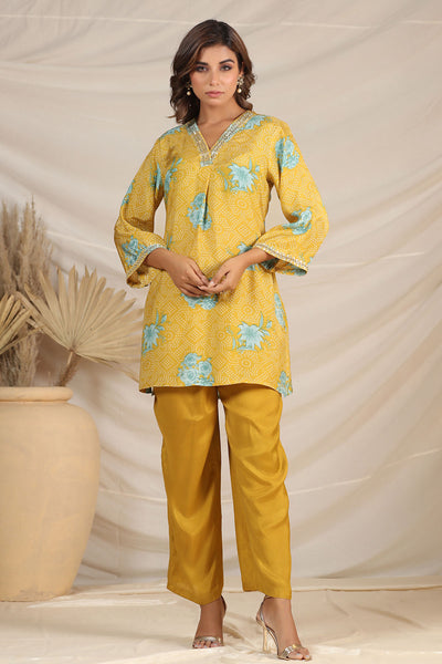 Mustard Muslin Printed Kurti Pant Co-ord Set