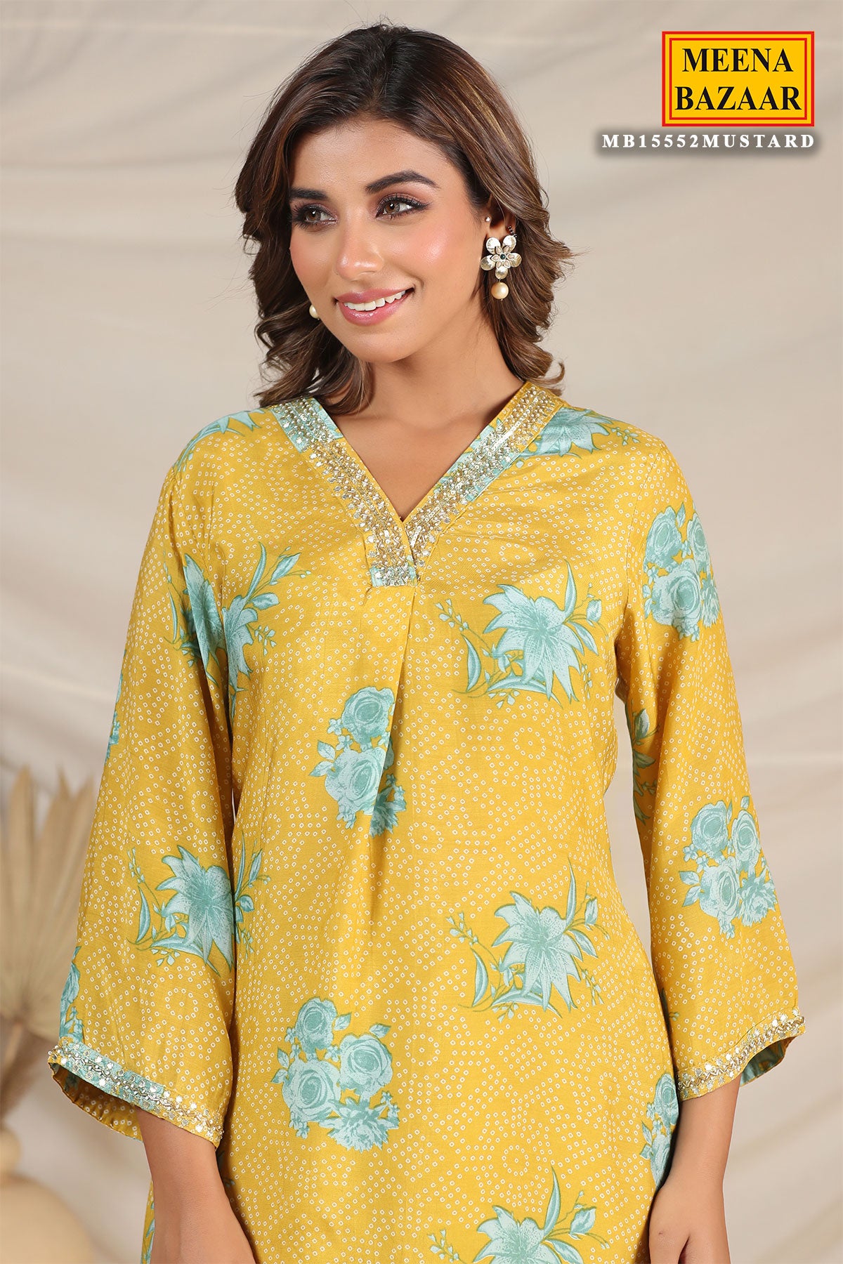 Mustard Muslin Printed Kurti Pant Co-ord Set