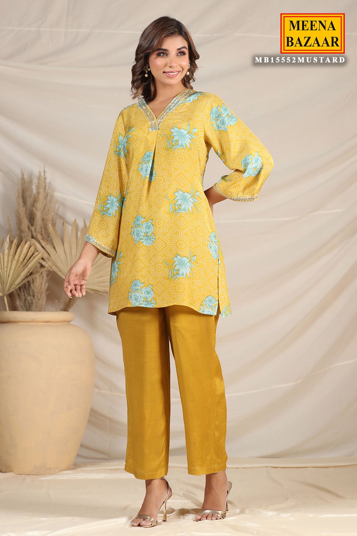 Mustard Muslin Printed Kurti Pant Co-ord Set