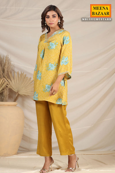 Mustard Muslin Printed Kurti Pant Co-ord Set