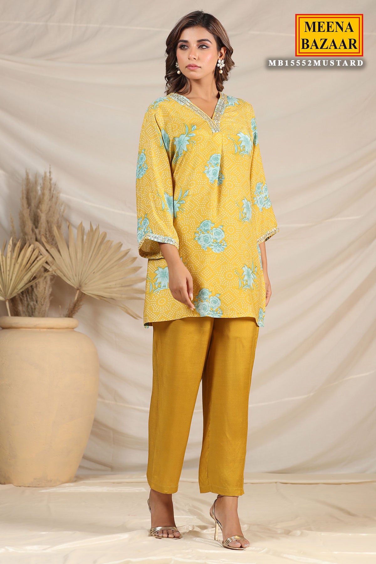 Mustard Muslin Printed Kurti Pant Co-ord Set