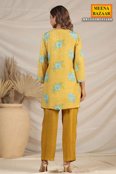 Mustard Muslin Printed Kurti Pant Co-ord Set