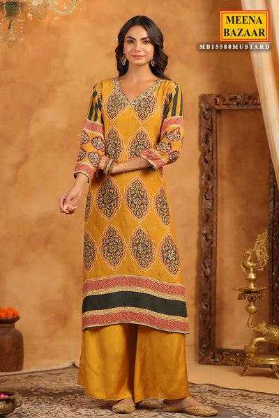 Mustard Crepe Ajrakh Print Kurti With Dupatta Set