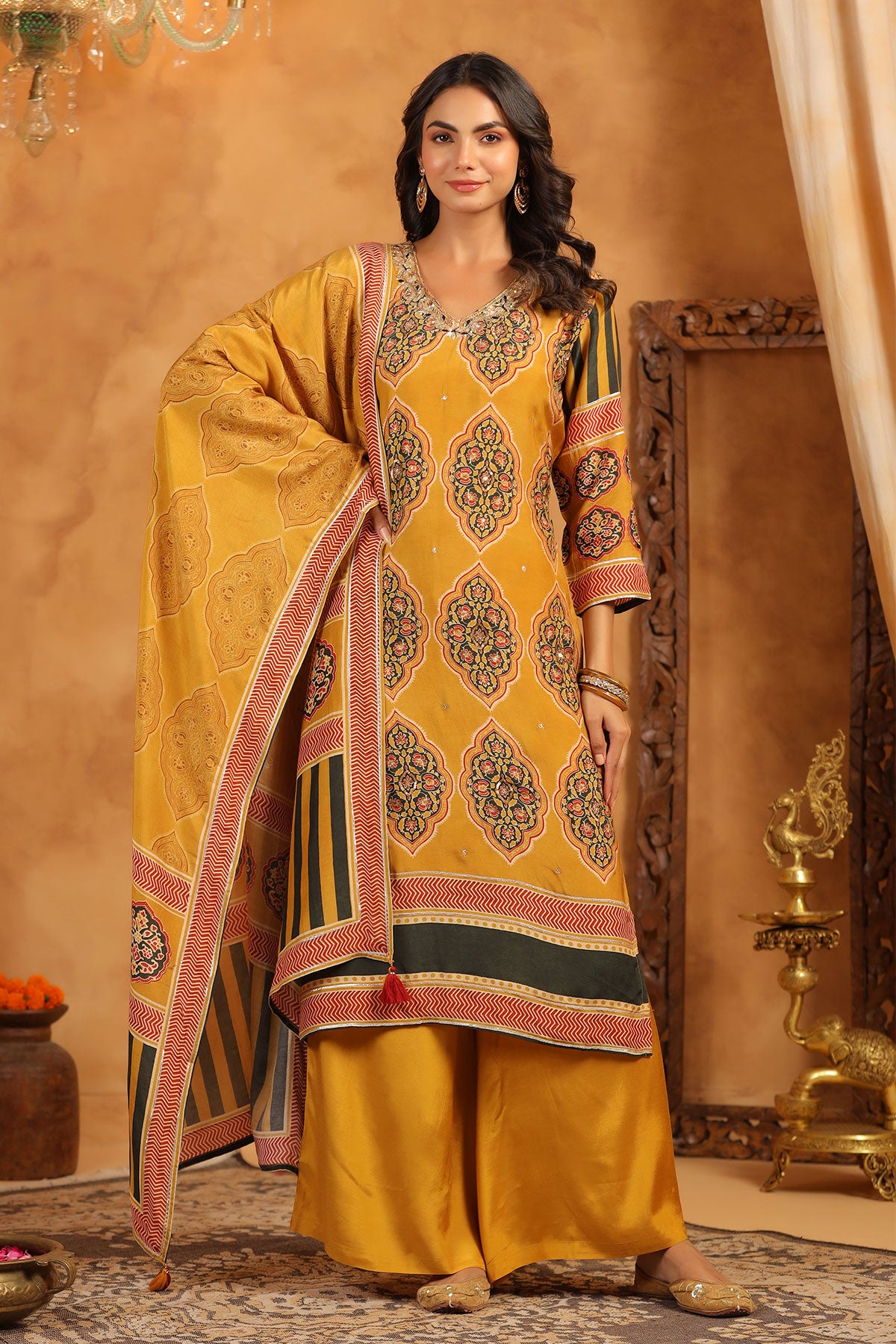 Mustard Crepe Ajrakh Print Kurti With Dupatta Set