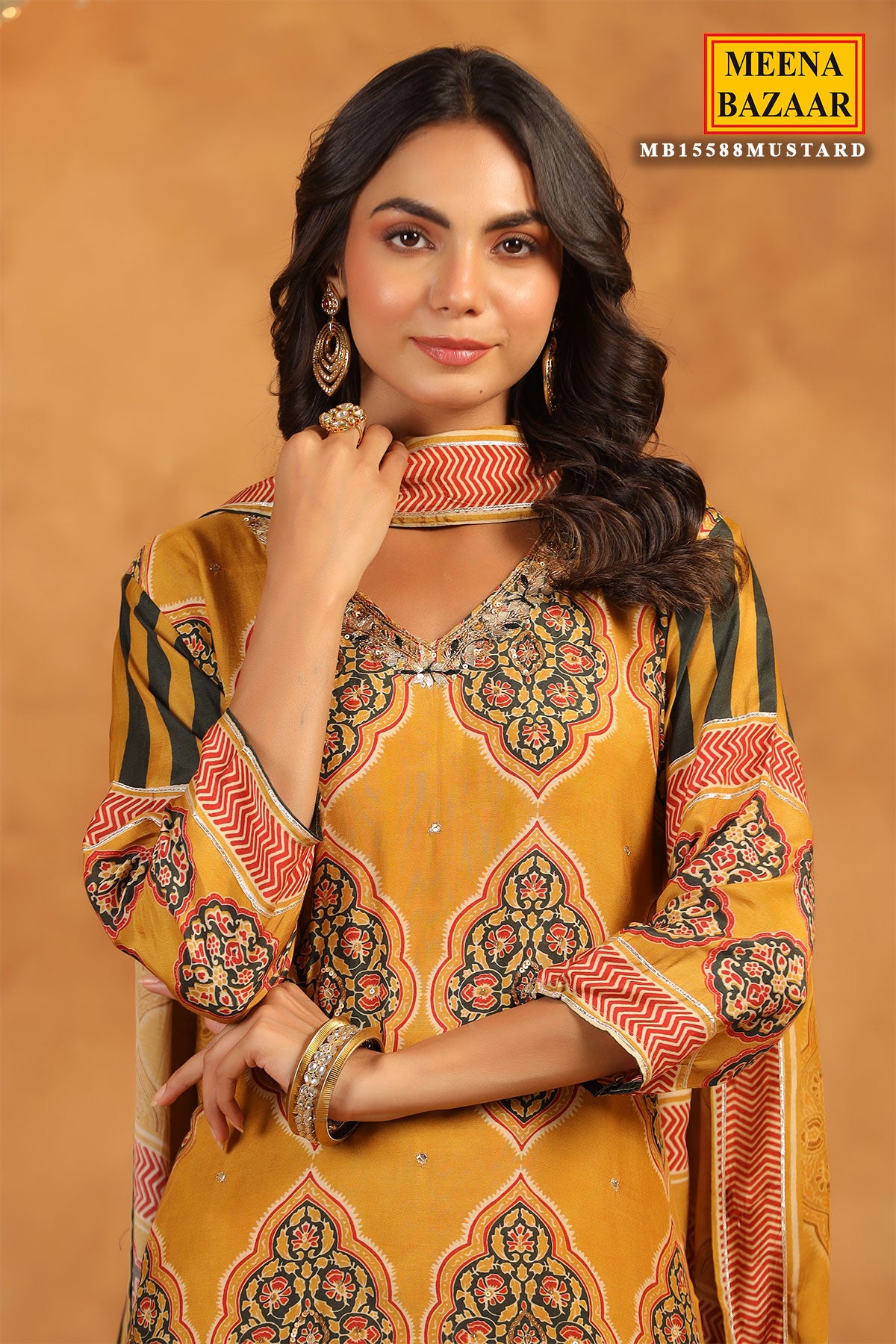 Mustard Crepe Ajrakh Print Kurti With Dupatta Set