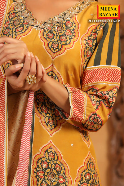 Mustard Crepe Ajrakh Print Kurti With Dupatta Set