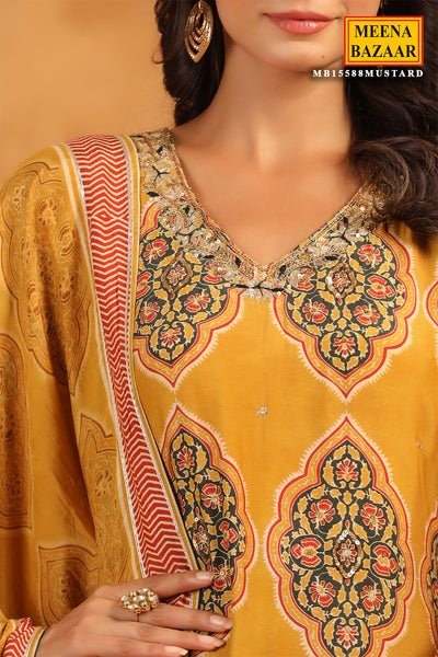 Mustard Crepe Ajrakh Print Kurti With Dupatta Set