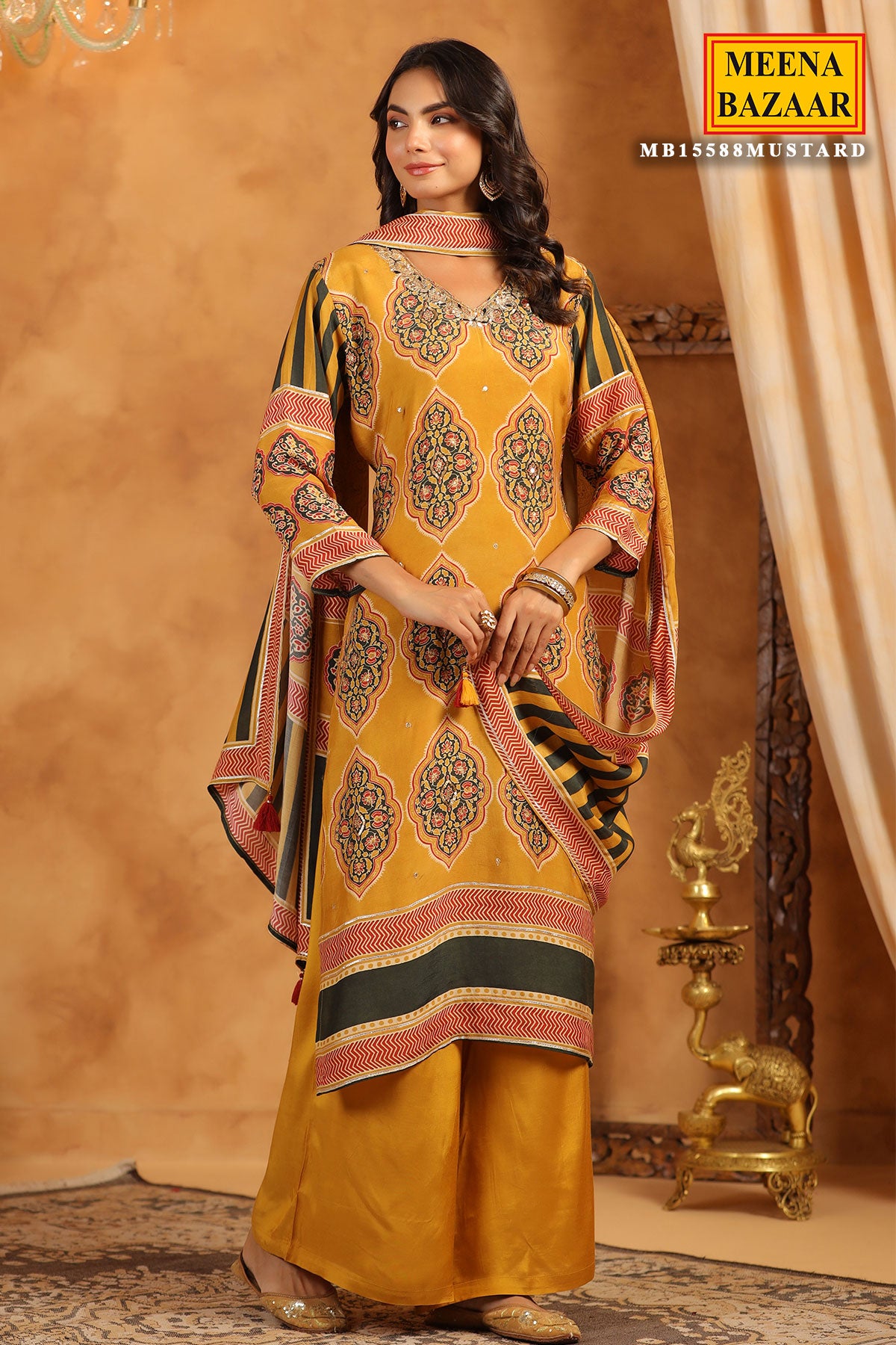 Mustard Crepe Ajrakh Print Kurti With Dupatta Set