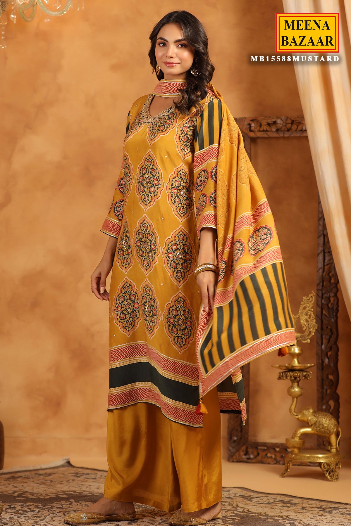 Mustard Crepe Ajrakh Print Kurti With Dupatta Set