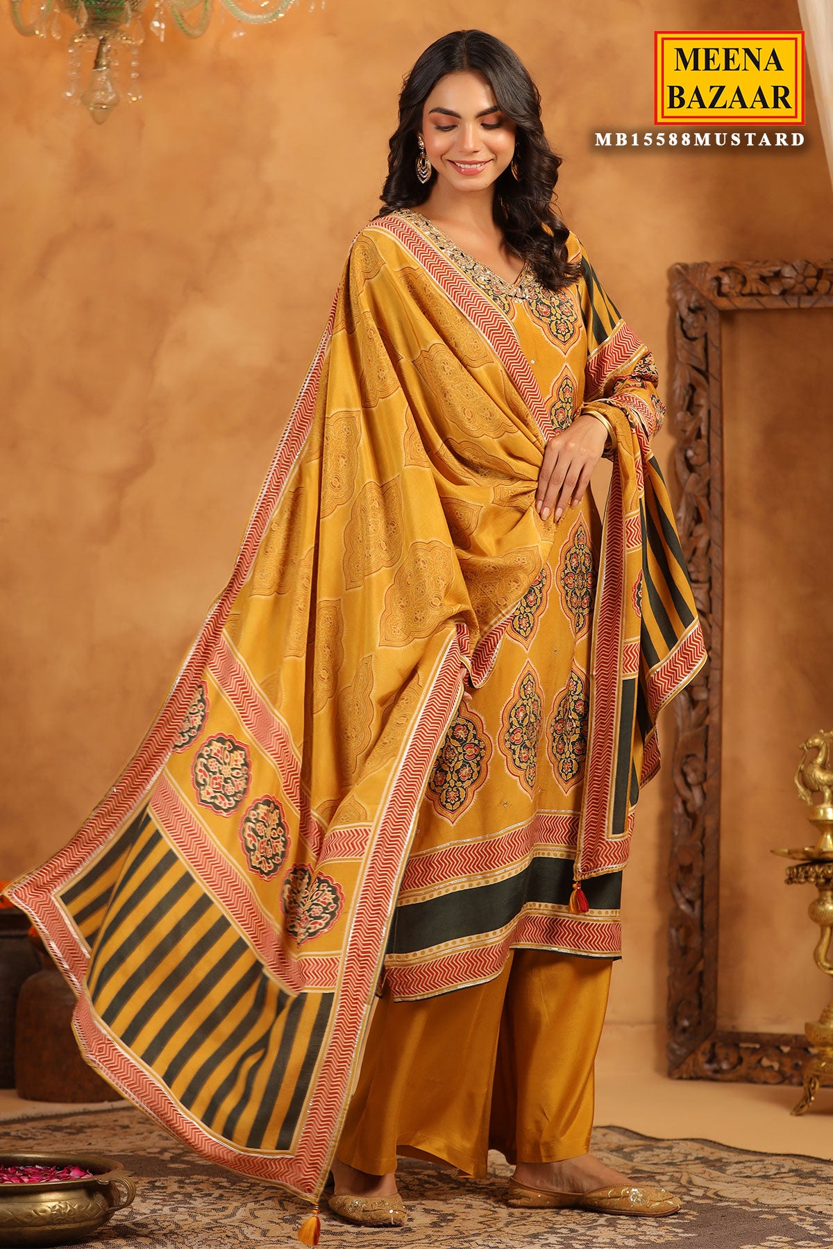 Mustard Crepe Ajrakh Print Kurti With Dupatta Set