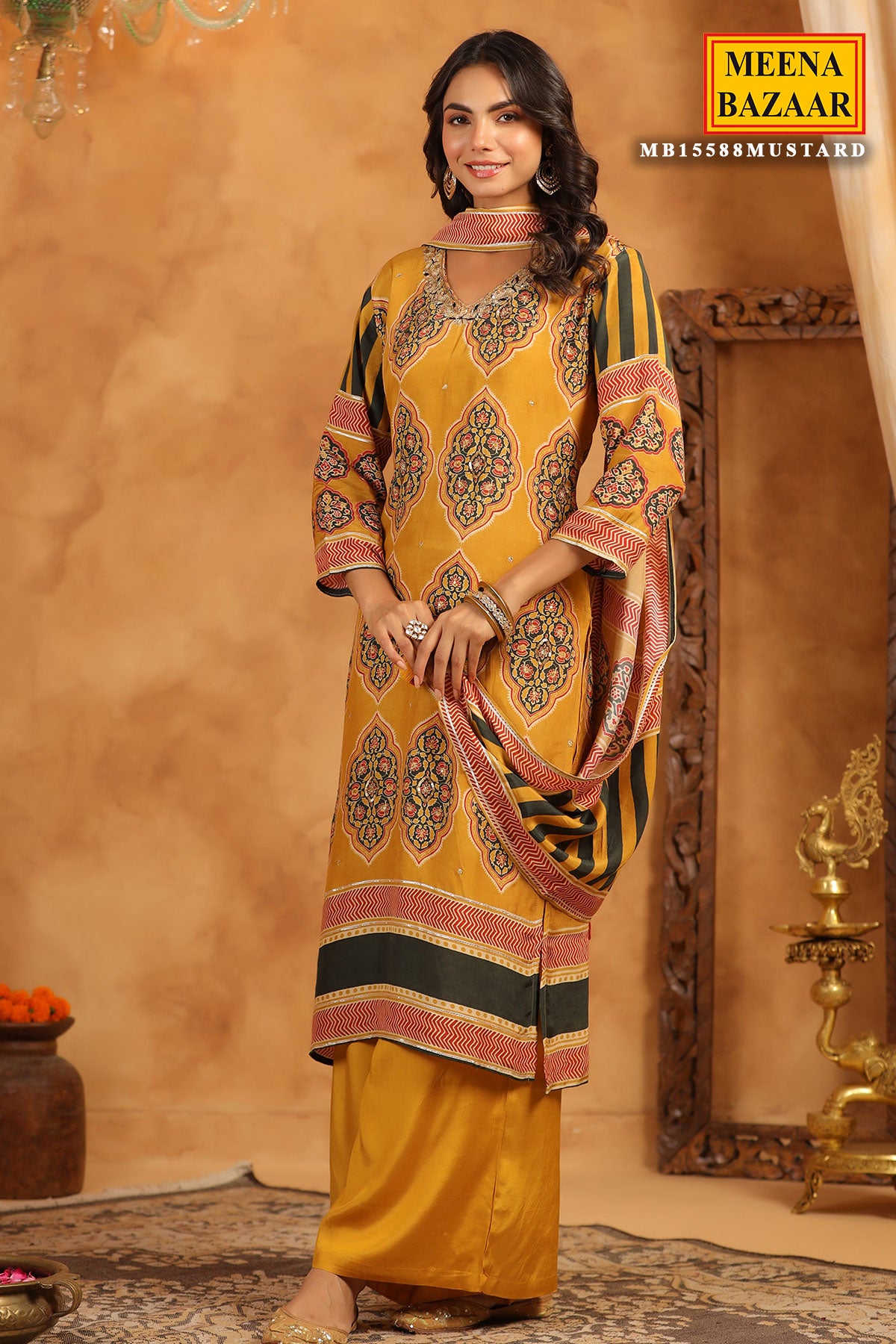 Mustard Crepe Ajrakh Print Kurti With Dupatta Set