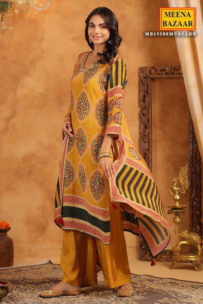 Mustard Crepe Ajrakh Print Kurti With Dupatta Set