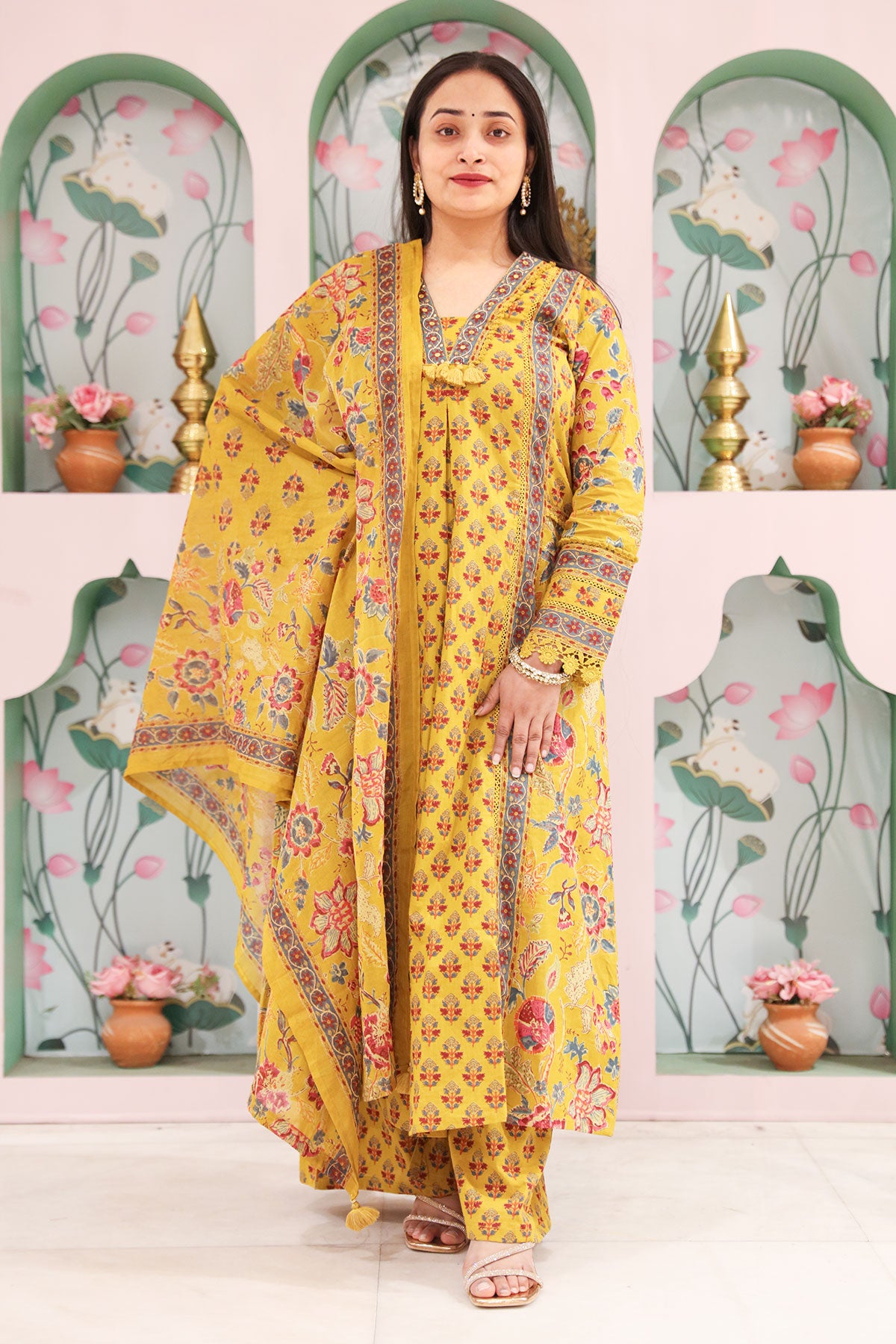 Mustard Cotton Printed Floral Ethnic Motifs Kurti Set