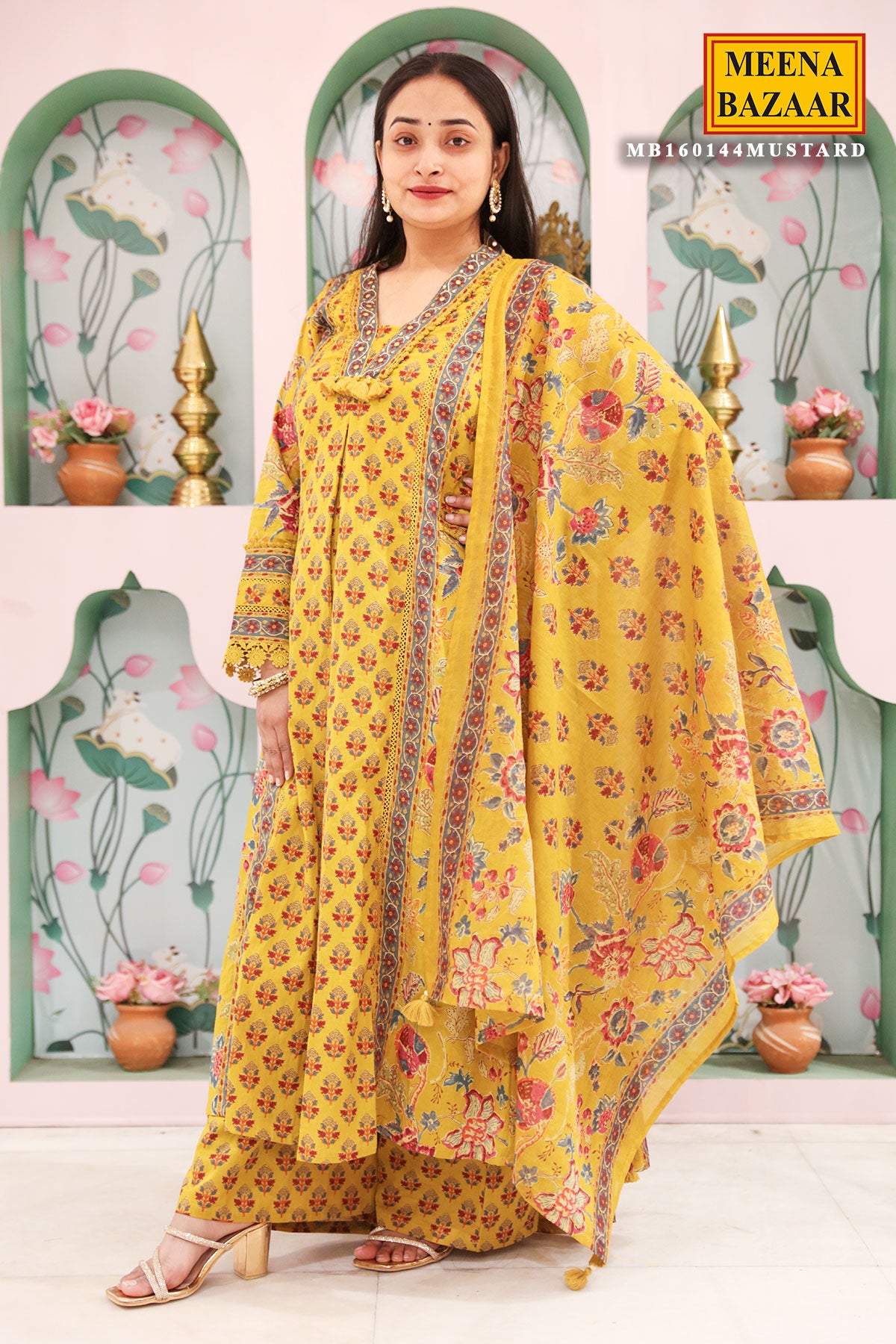 Mustard Cotton Printed Floral Ethnic Motifs Kurti Set