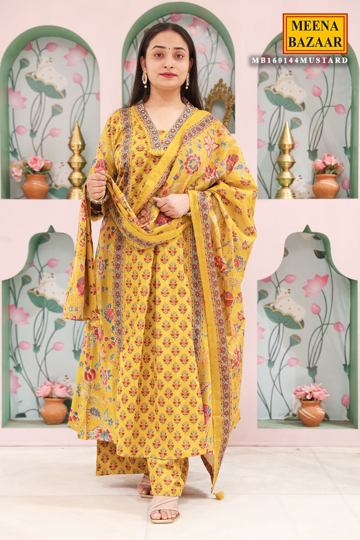 Mustard Cotton Printed Floral Ethnic Motifs Kurti Set