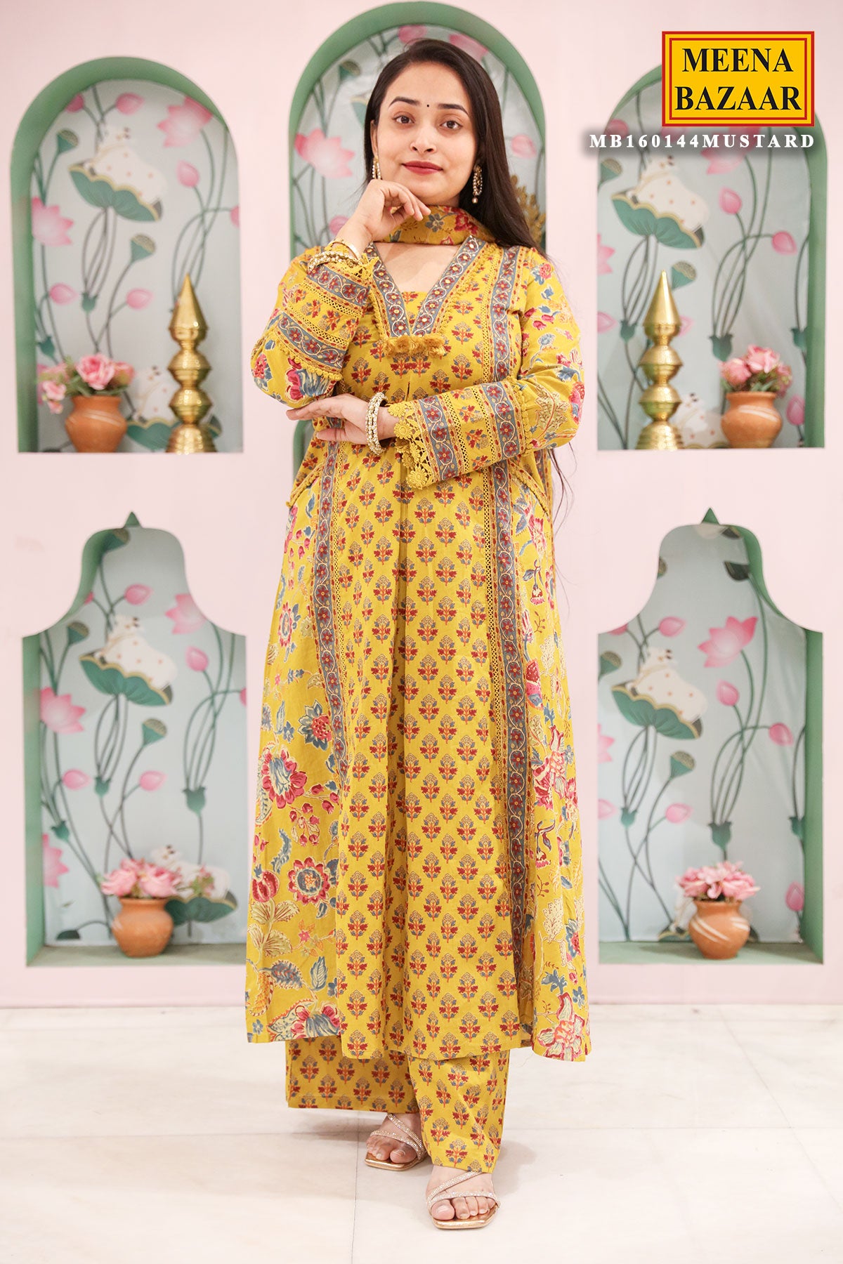 Mustard Cotton Printed Floral Ethnic Motifs Kurti Set