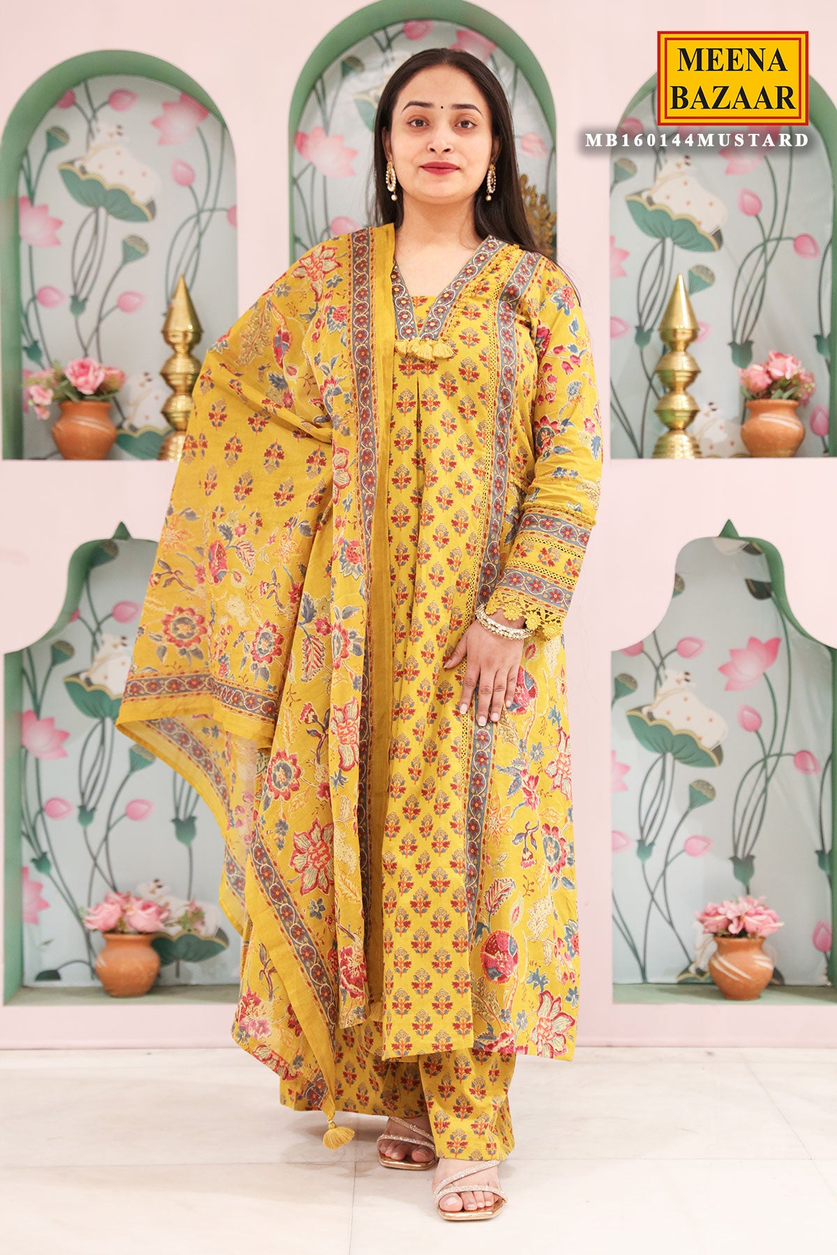 Mustard Cotton Printed Floral Ethnic Motifs Kurti Set