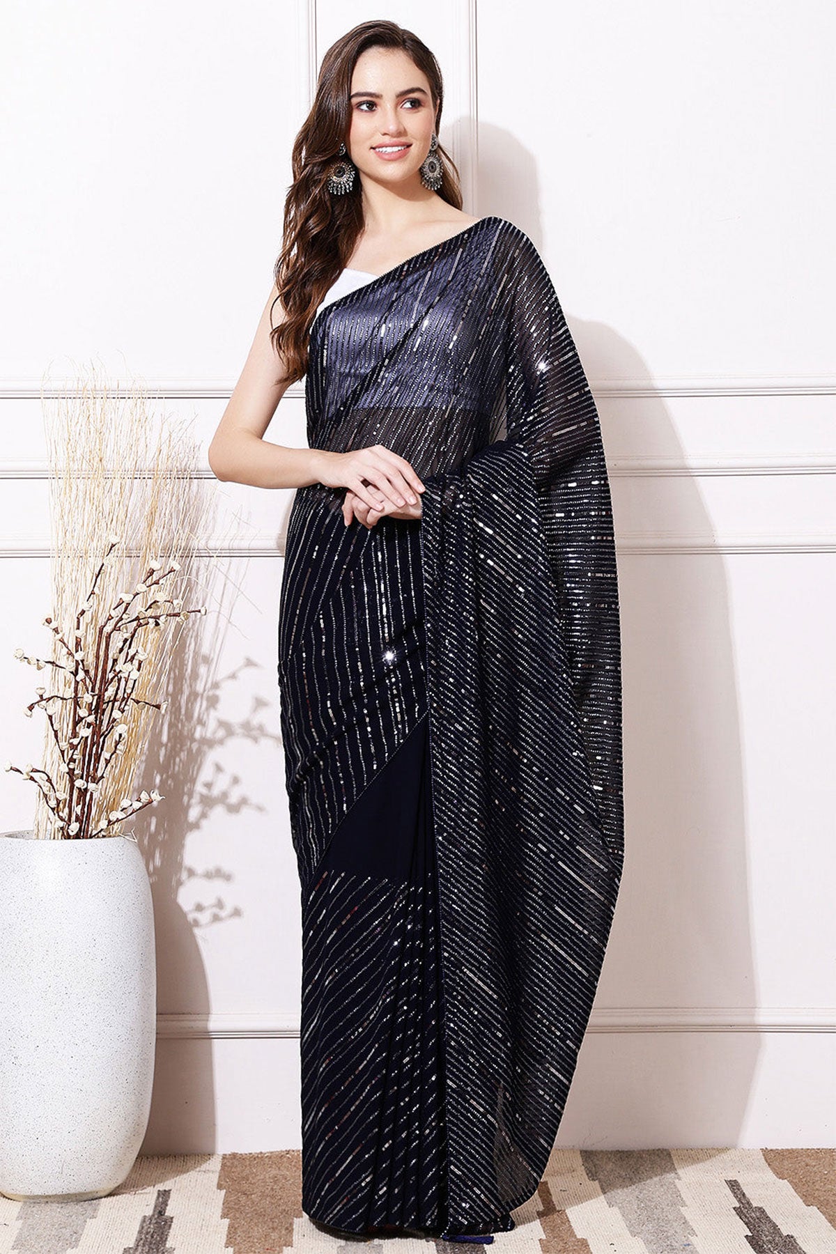 Navy Blue Sequin Embroidered Georgette Saree