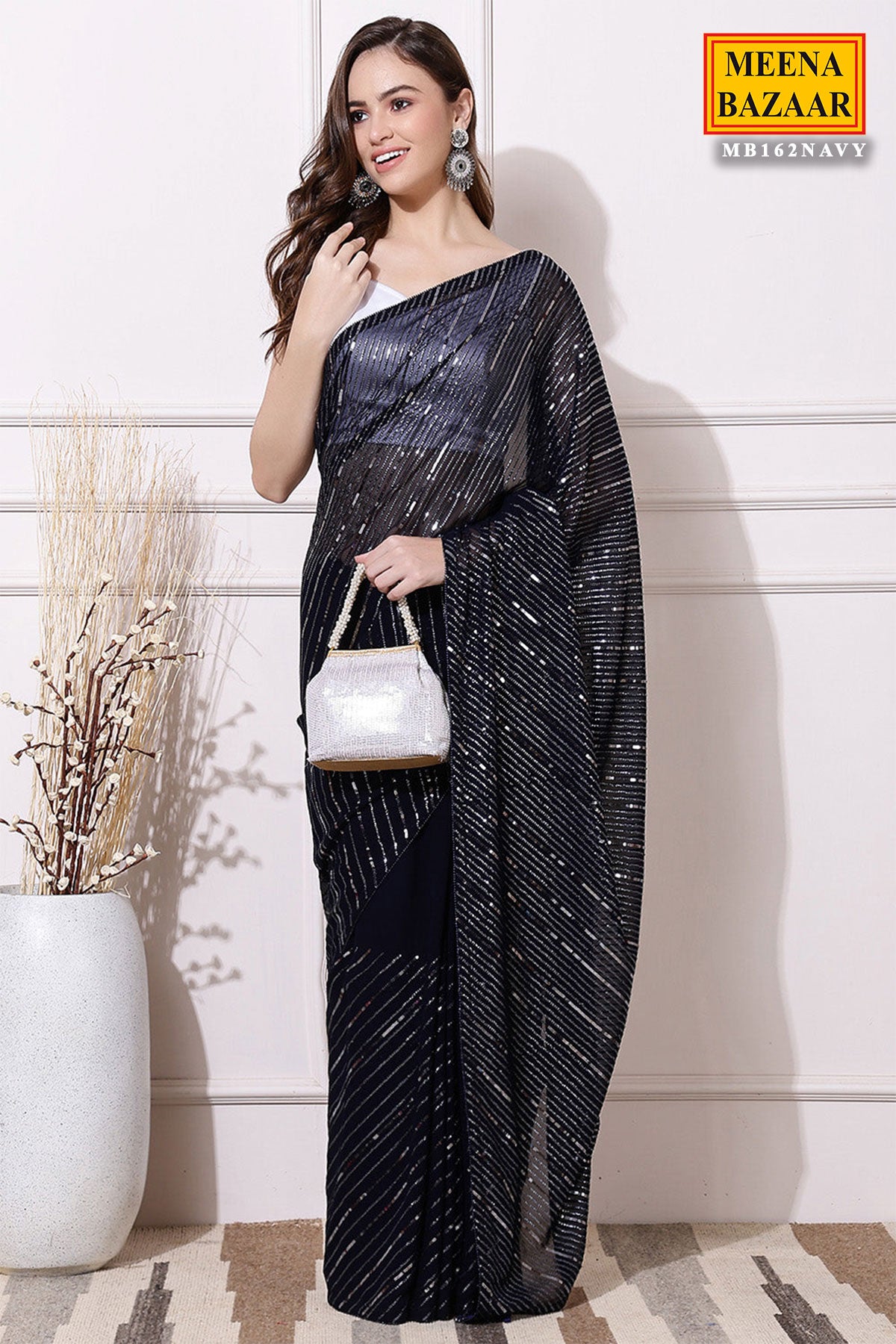 Navy Blue Sequin Embroidered Georgette Saree