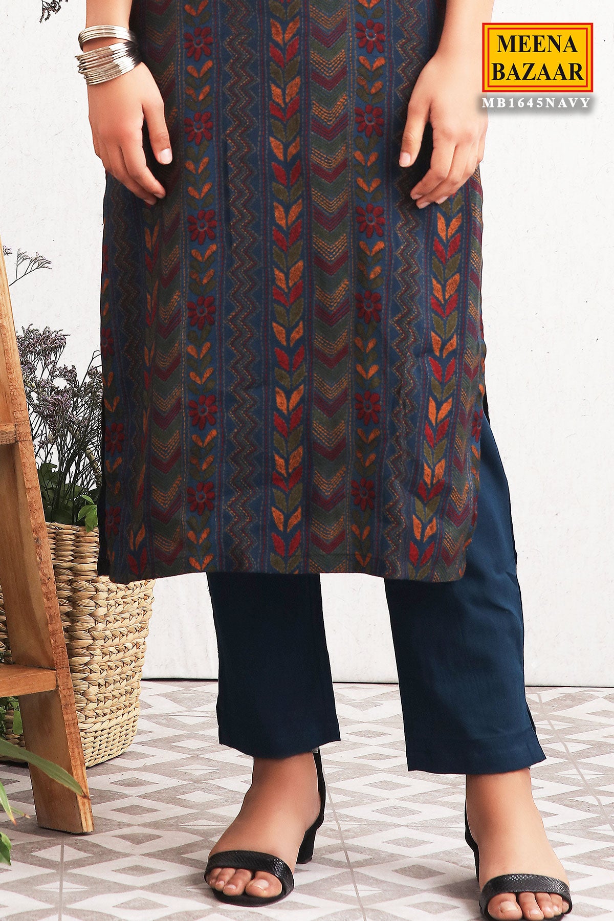 Navy Cotton Floral Printed Embroidered Kurti