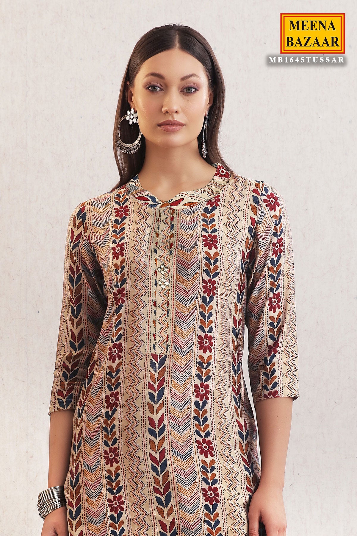 Tussar Cotton Floral Printed Embroidered Kurti