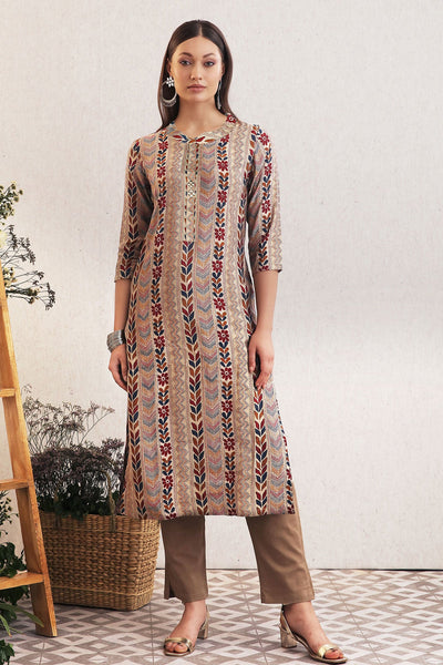 Tussar Cotton Floral Printed Embroidered Kurti