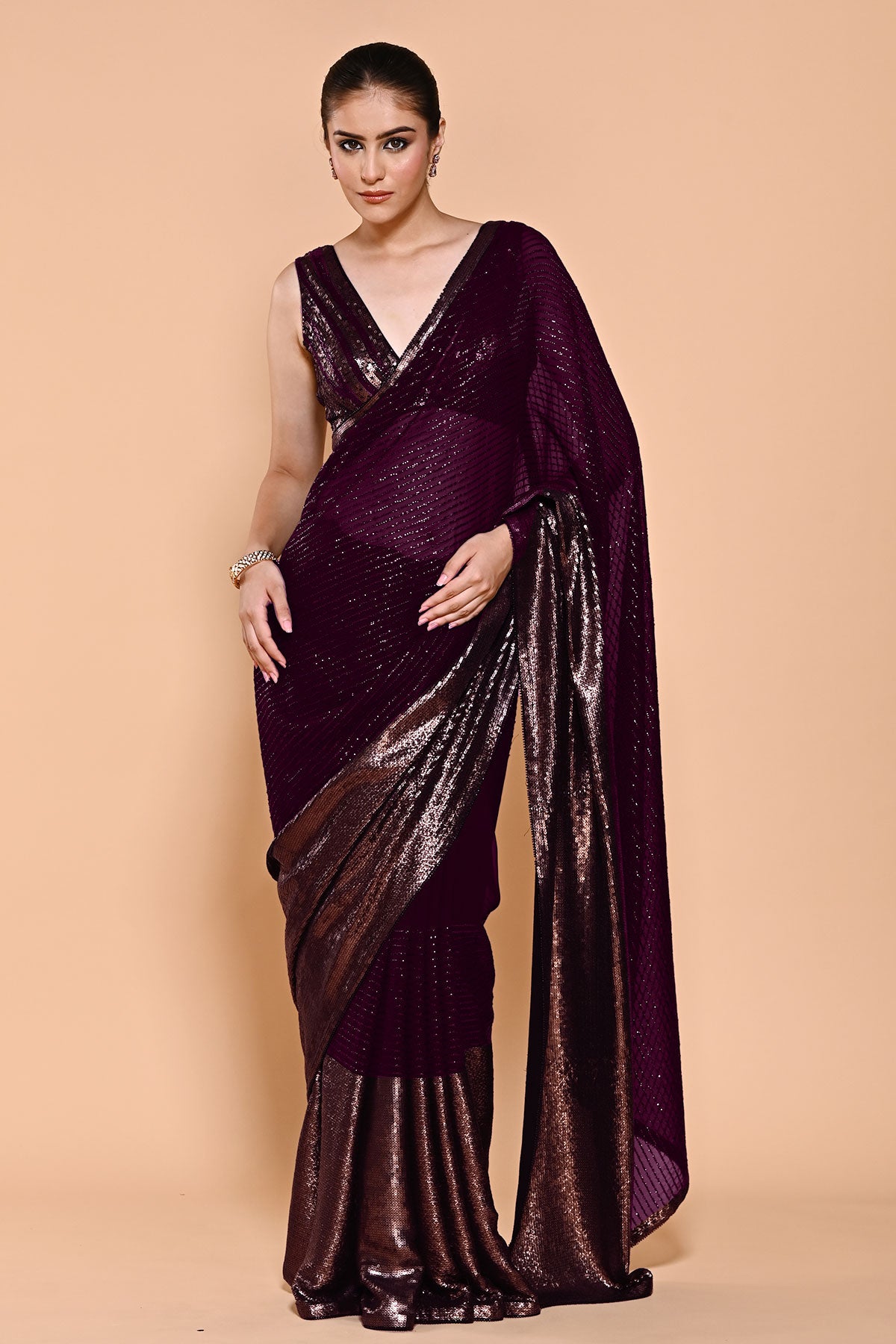 Wine Sequin Embroidered Georgette Saree