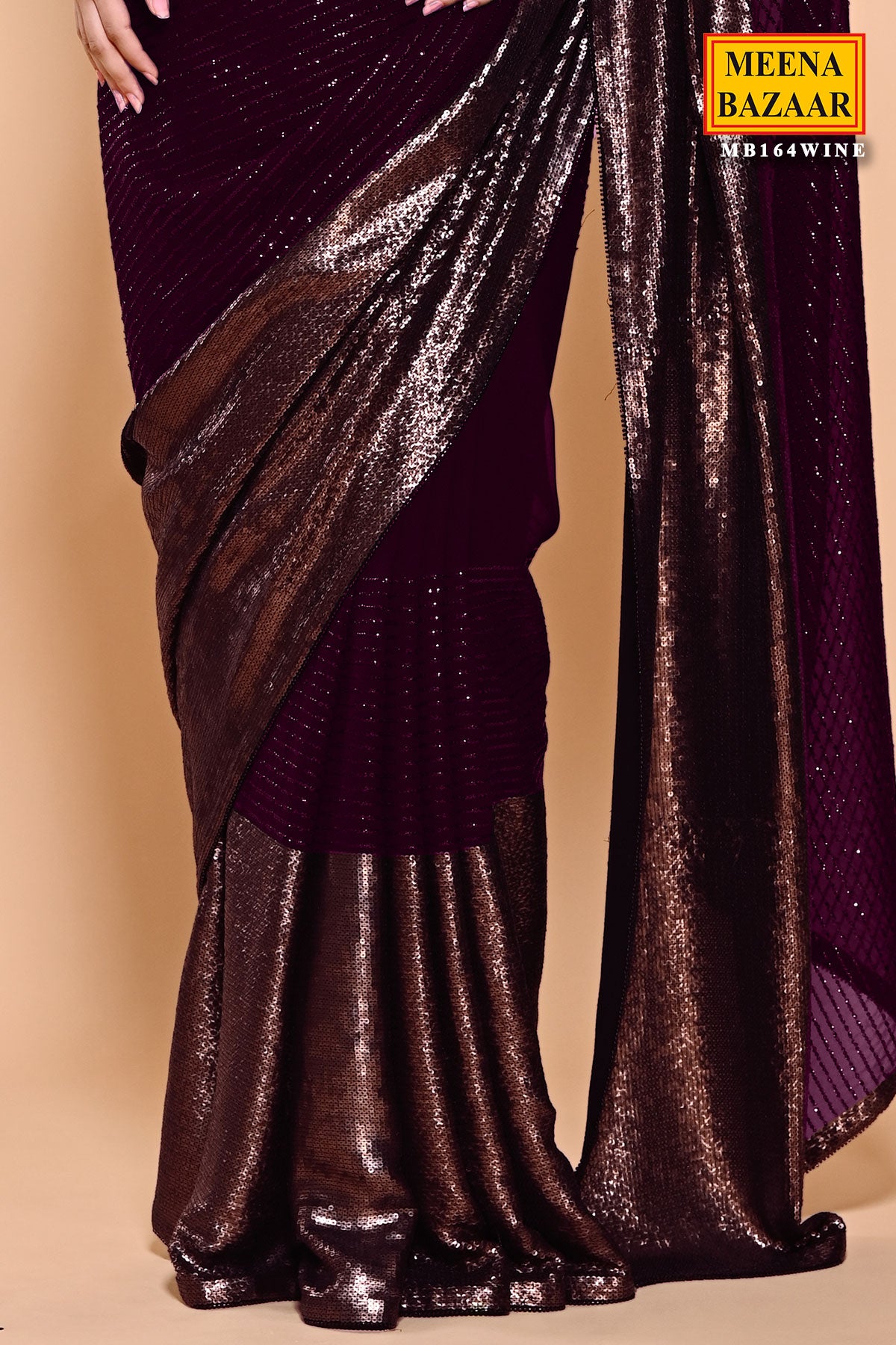 Wine Sequin Embroidered Georgette Saree