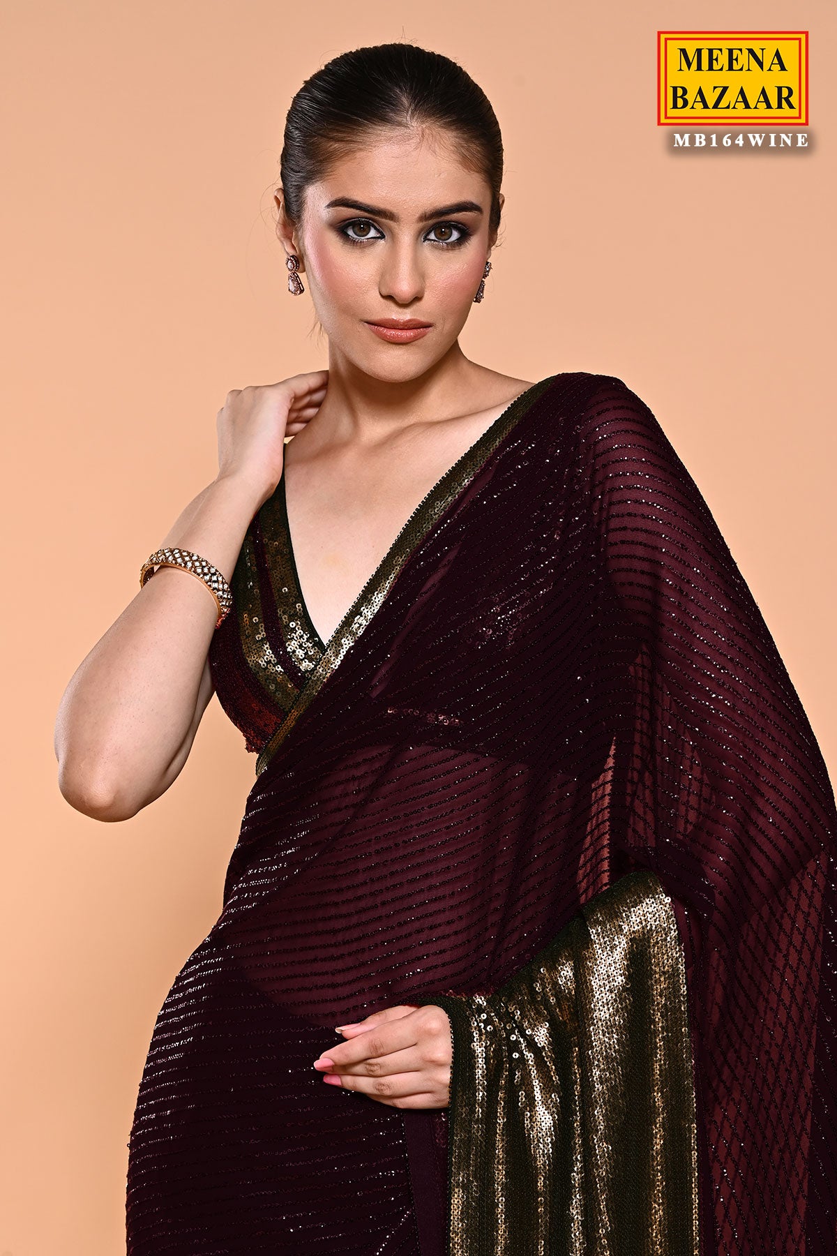 Wine Sequin Embroidered Georgette Saree