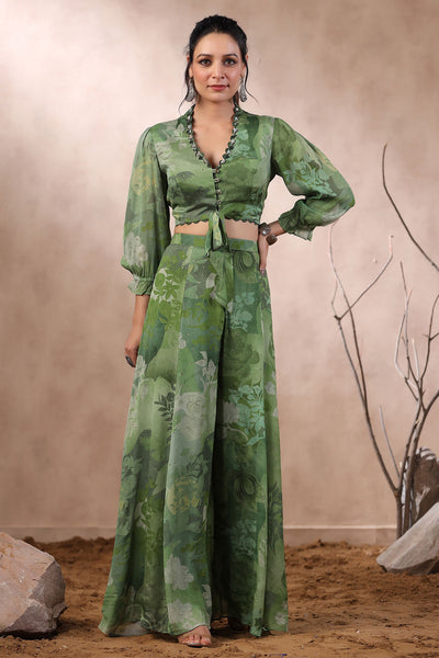 Green Floral Printed Georgette Bustier and Sharara Co-ord Set with Cutdana, Sequins, and Swarovski Embellishments
