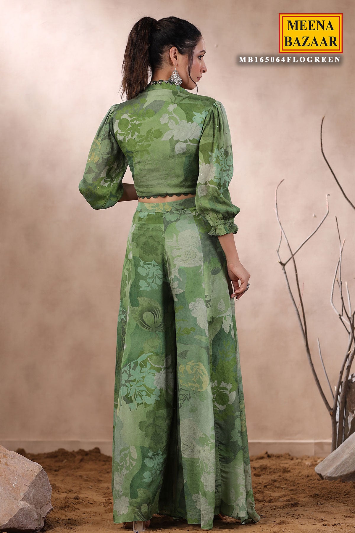 Green Floral Printed Georgette Bustier and Sharara Co-ord Set with Cutdana, Sequins, and Swarovski Embellishments