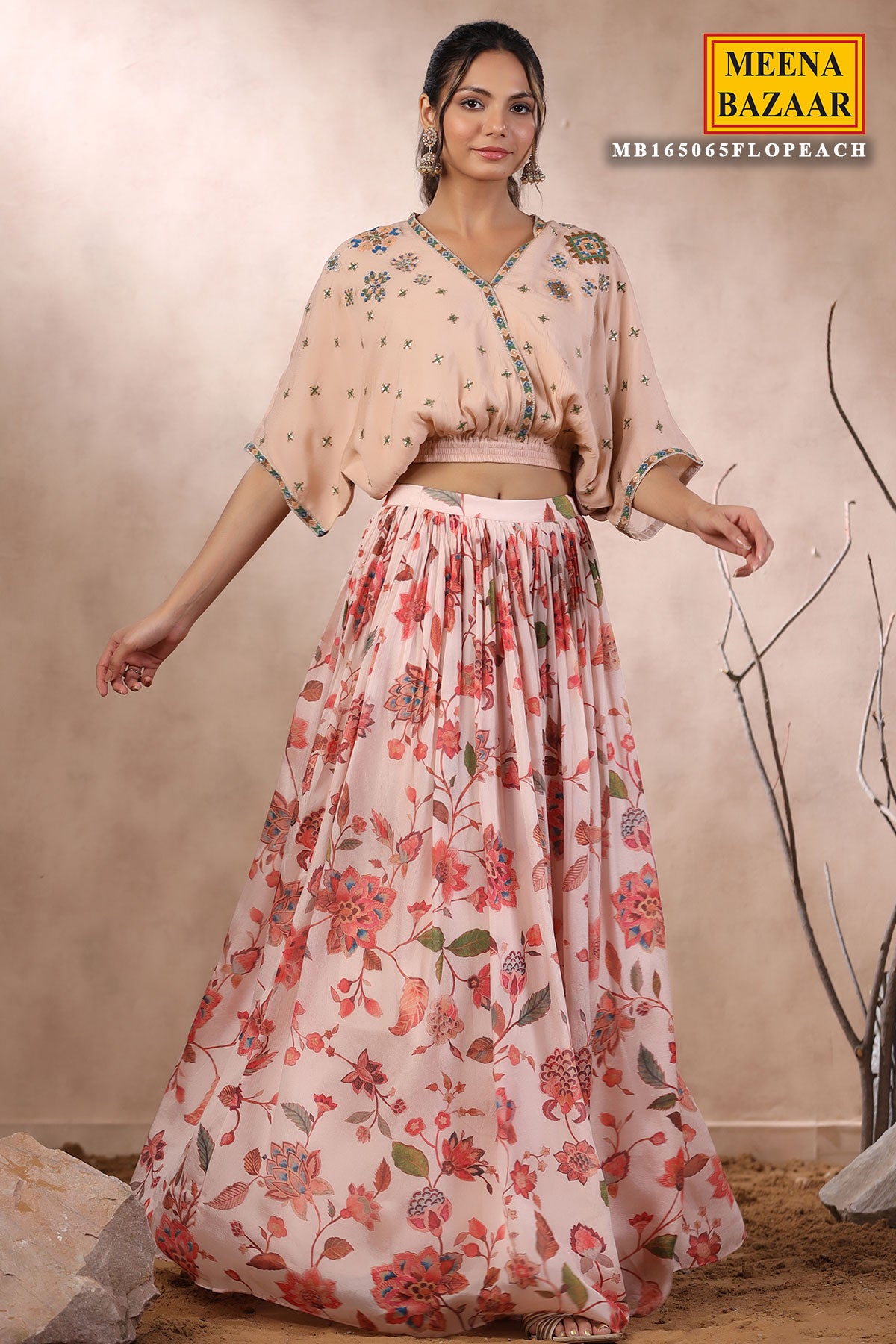 Peach Floral Printed Embroidered Chinon Georgette Bustier-Skirt Co-ord Set